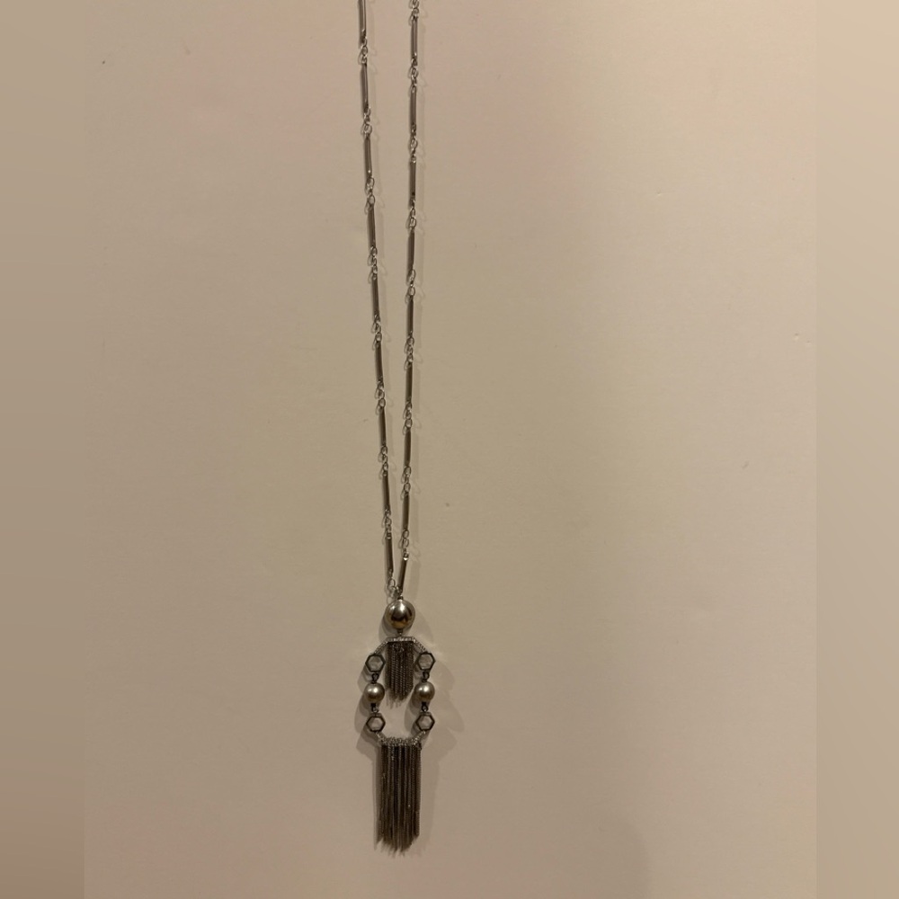 Rachel Zoe Silver Long Statement Pendant Necklace • 26” • Hammered Metal Fringe - Picture 4 of 4